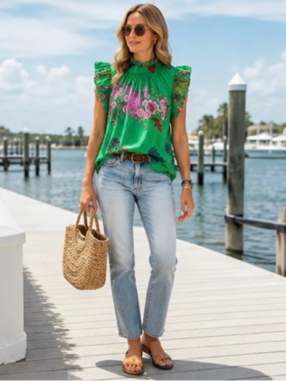 Emily McCarthy Style Emerald Palm Floral Ruffle Blouse Small Resort
